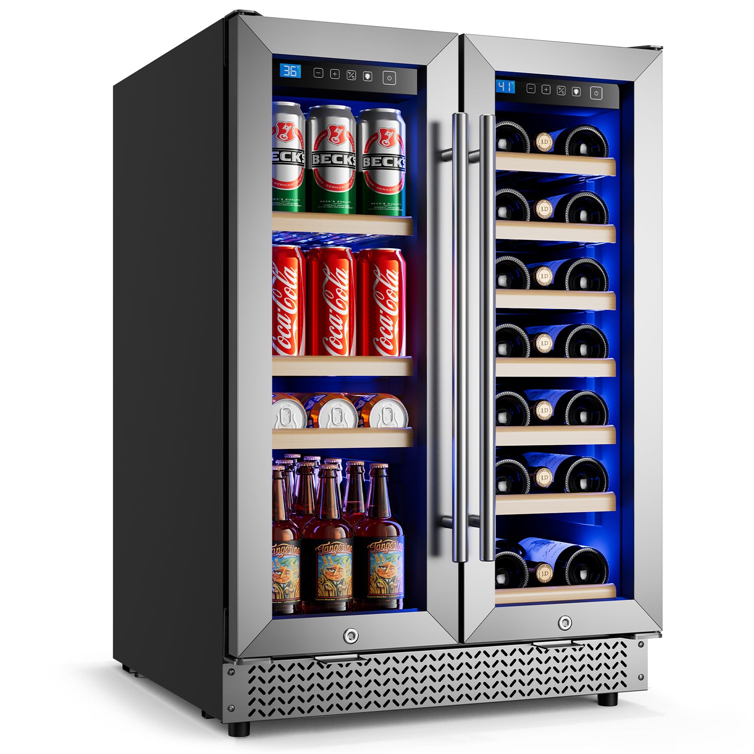 Wine and Beverage Refrigerator 24'', Dual Zone Wine Fridge Built in or Freestanding, Beverage Cooler with Glass Door holds 21 Bottles and 88 Cans, Upgrade Cooling Low Noise for Kitchen, Bar, Office