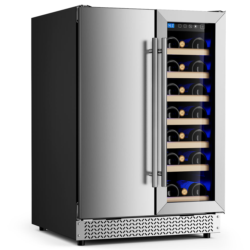 Wine and Beverage Refrigerator, 24’’ Daul Zone Wine Fridge, Freestanding Under Counter Refrigerator, Stainless Steel Beverage Cooler with Adjustable Shelves, Holds 21 Bottles and 88 Cans