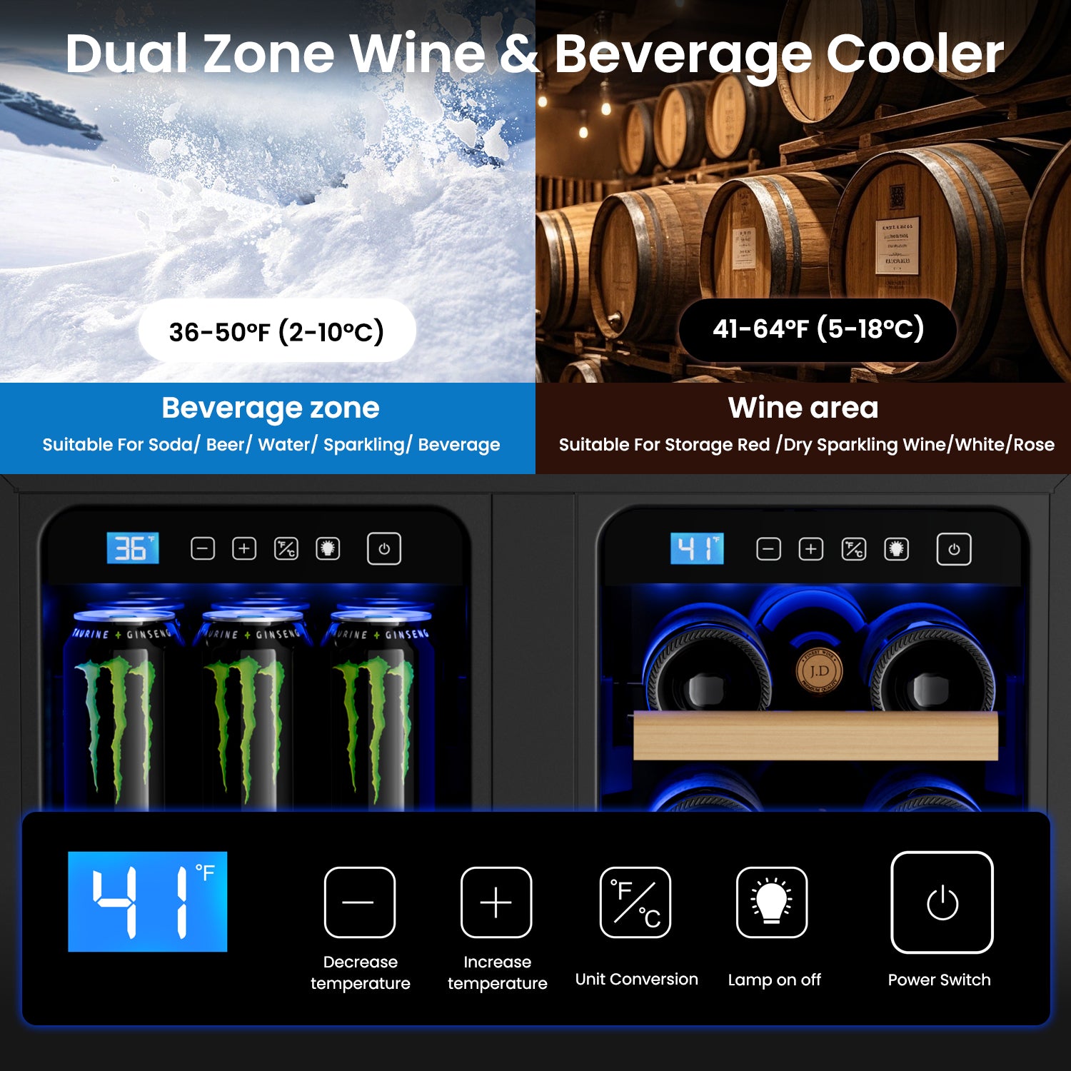 Wine and Beverage Refrigerator, 24’’ Daul Zone Wine Fridge, Freestanding Under Counter Refrigerator, Stainless Steel Beverage Cooler with Adjustable Shelves, Holds 21 Bottles and 88 Cans