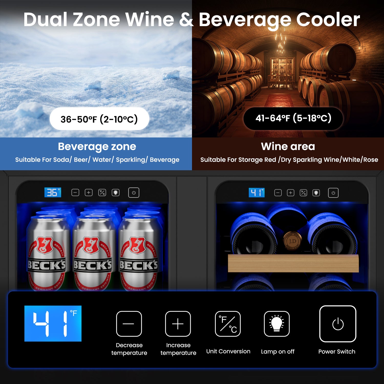 Wine and Beverage Refrigerator 24'', Dual Zone Wine Fridge Built in or Freestanding, Beverage Cooler with Glass Door holds 21 Bottles and 88 Cans, Upgrade Cooling Low Noise for Kitchen, Bar, Office