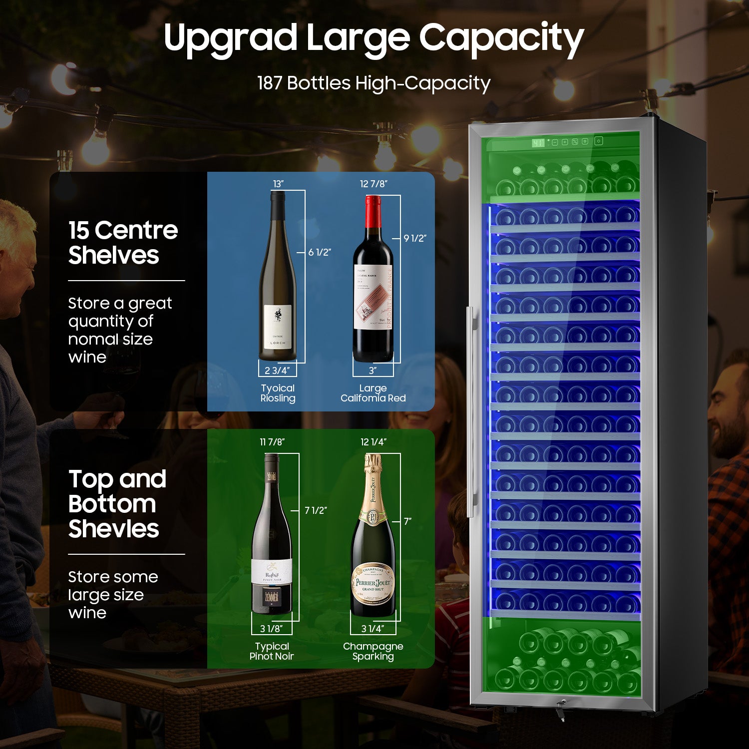 24 Inch Wine Cooler Refrigerator,187 Bottles Large Wine Fridge Freestanding Tall Wine Cooler with Upgraded Compressor, Low Noise and Elegant Design for The Wine Lovers