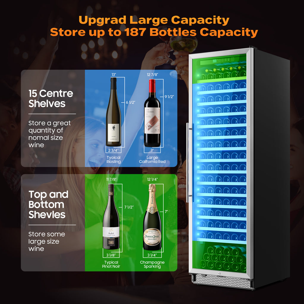 24 Inch Wine Fridge, 187-Bottle Large Capacity Wine Cooler Refrigerator, Freestanding or Built-in Tall Wine Cooler with Upgraded Compressor, Low Noise For Home
