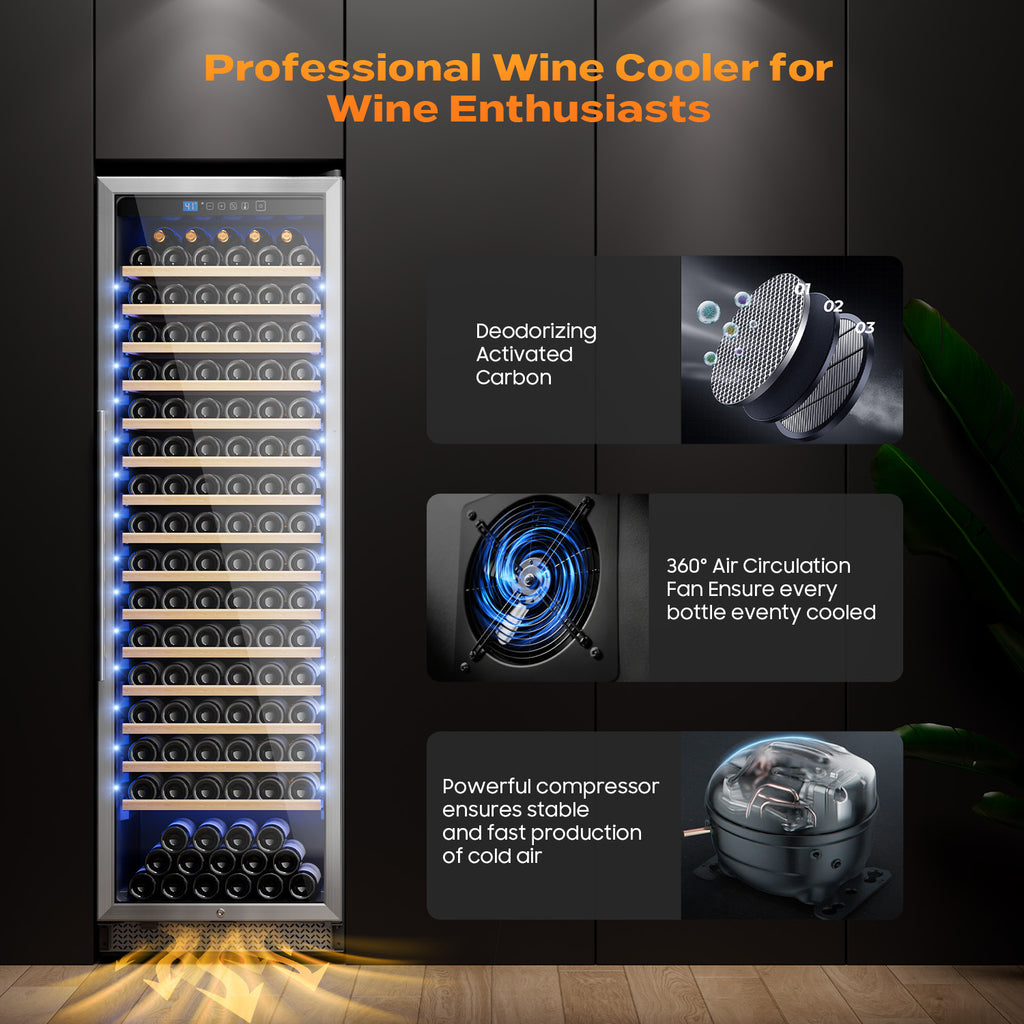 24 Inch Wine Fridge, 187-Bottle Large Capacity Wine Cooler Refrigerator, Freestanding or Built-in Tall Wine Cooler with Upgraded Compressor, Low Noise For Home