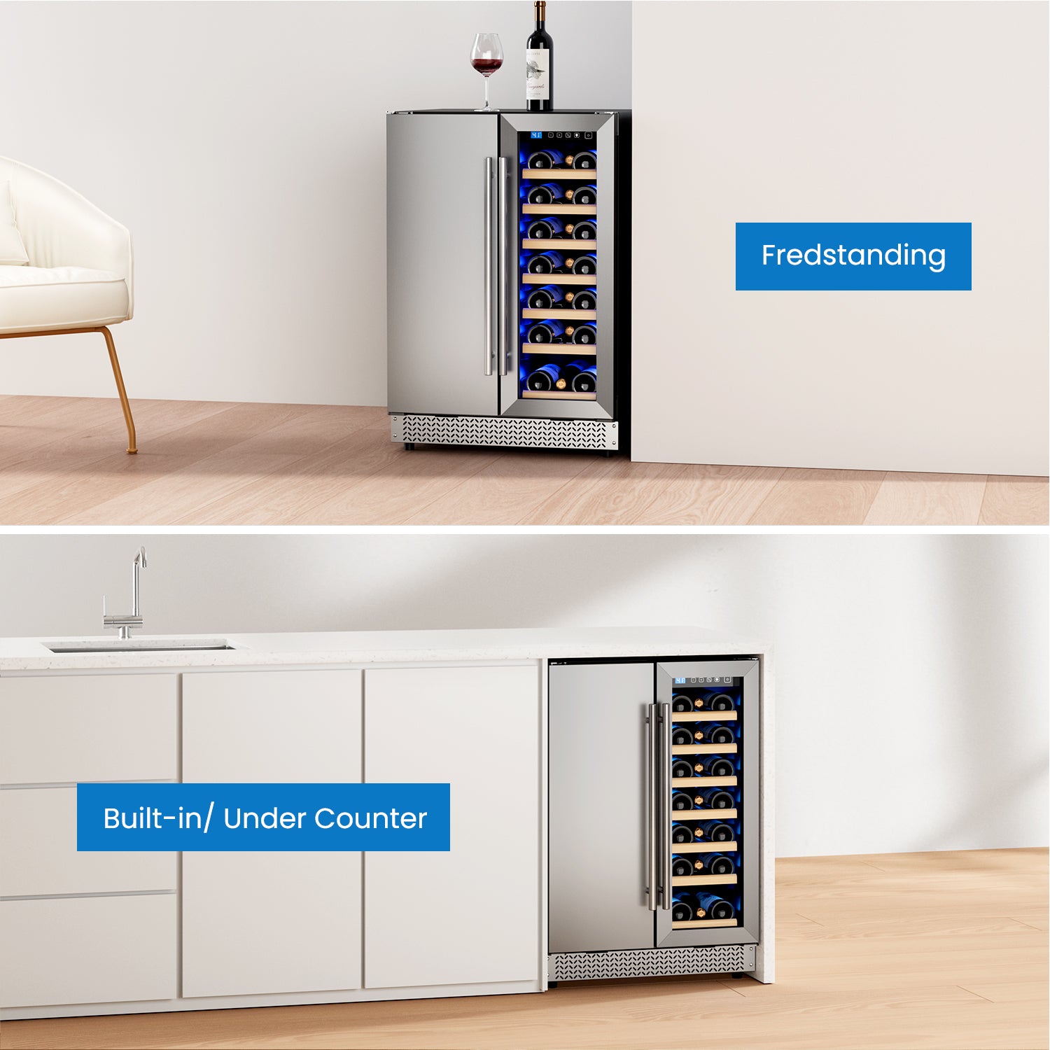 Wine and Beverage Refrigerator, 24’’ Daul Zone Wine Fridge, Freestanding Under Counter Refrigerator, Stainless Steel Beverage Cooler with Adjustable Shelves, Holds 21 Bottles and 88 Cans