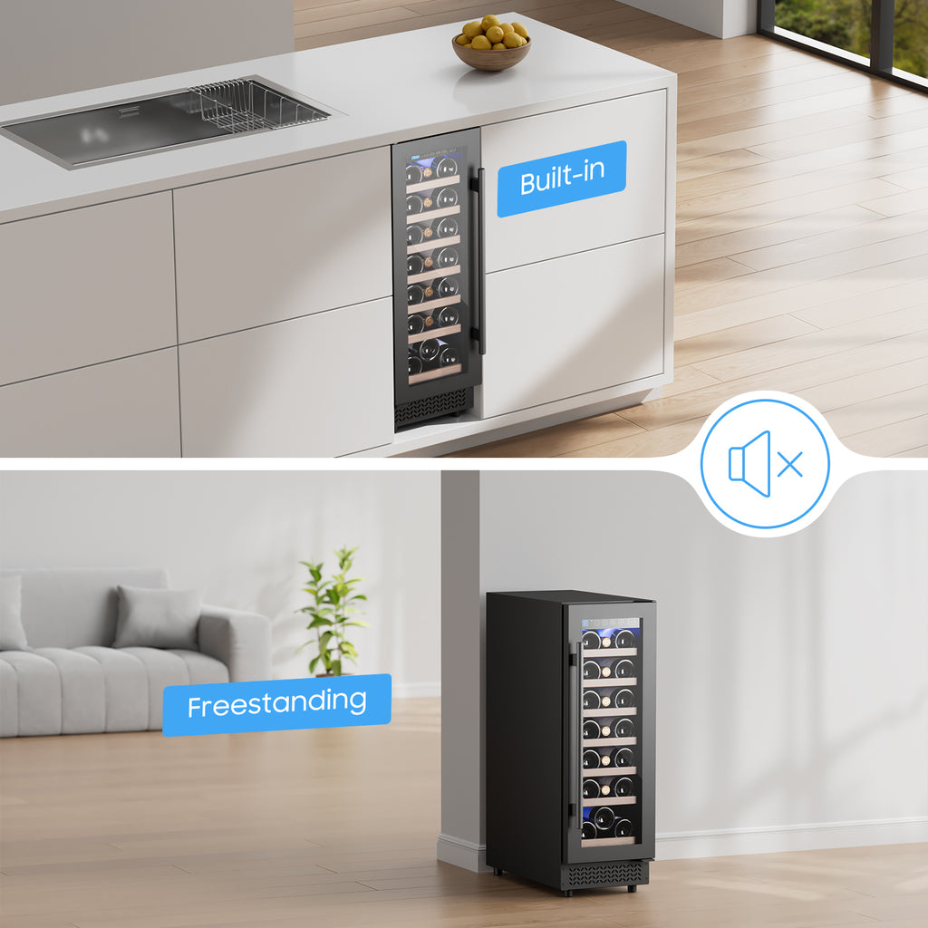 12" Wine Cooler Refrigerator 18 Bottle Wine Fridge Built-in or Freestanding with Double-Layer Tempered Glass Door Compressor quick cooling,Low Noise
