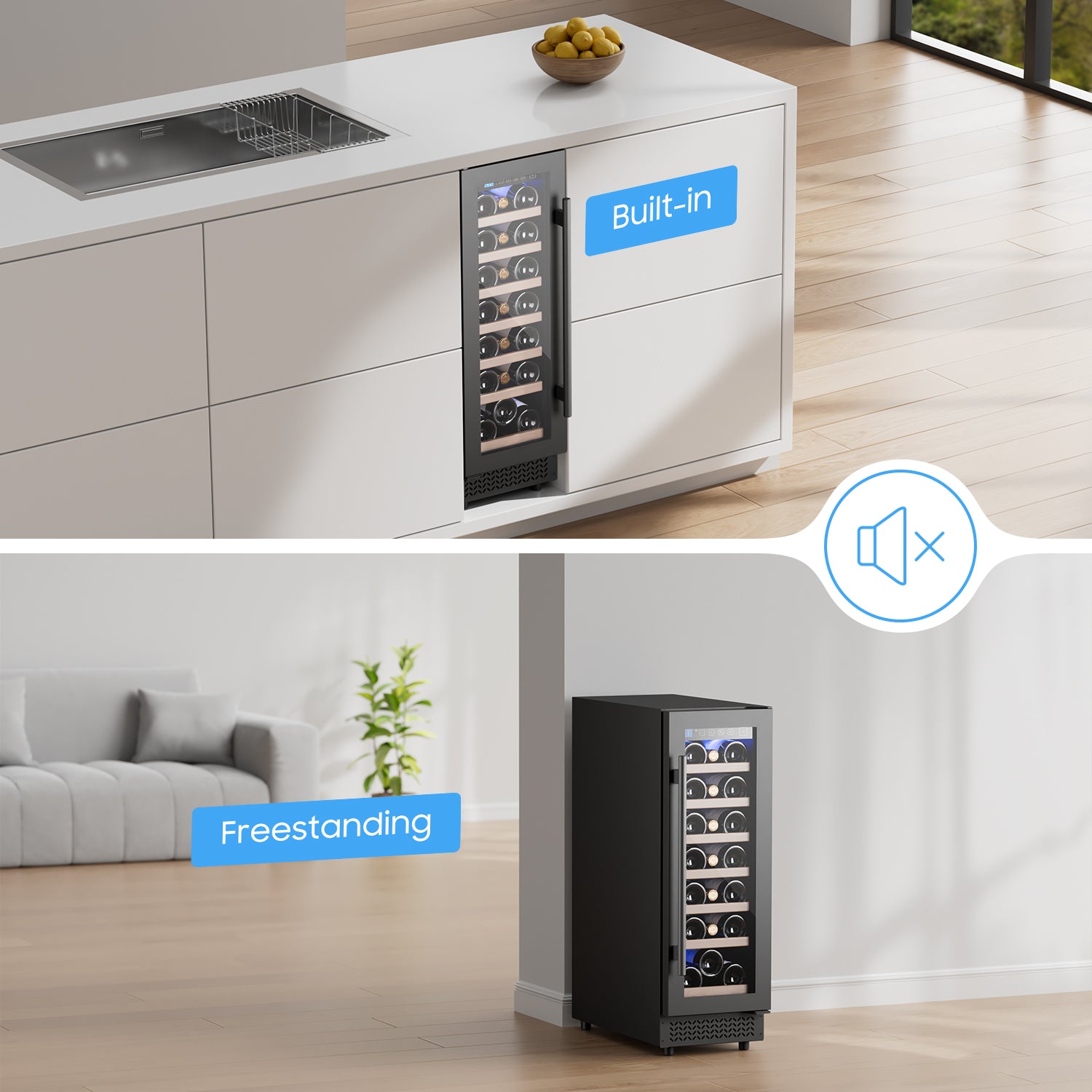 12" Wine Cooler Refrigerator 18 Bottle Wine Fridge Built-in or Freestanding with Double-Layer Tempered Glass Door Compressor quick cooling,Low Noise