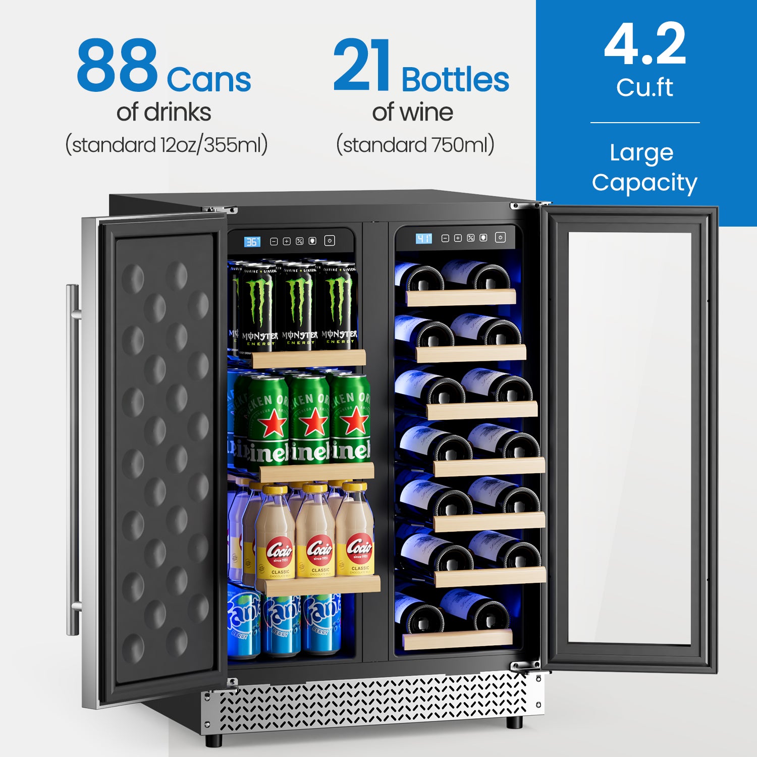 Wine and Beverage Refrigerator, 24’’ Daul Zone Wine Fridge, Freestanding Under Counter Refrigerator, Stainless Steel Beverage Cooler with Adjustable Shelves, Holds 21 Bottles and 88 Cans