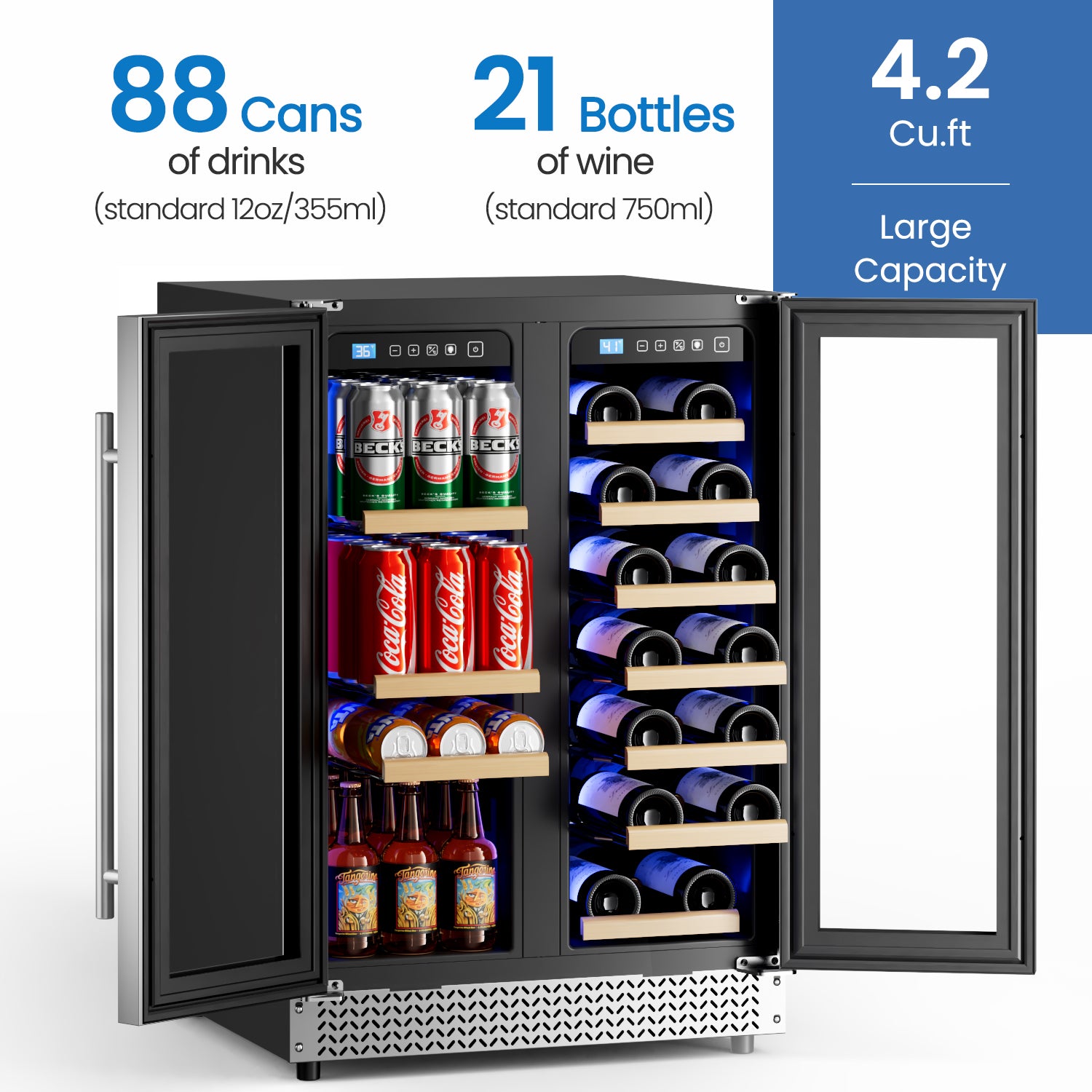 Wine and Beverage Refrigerator 24'', Dual Zone Wine Fridge Built in or Freestanding, Beverage Cooler with Glass Door holds 21 Bottles and 88 Cans, Upgrade Cooling Low Noise for Kitchen, Bar, Office