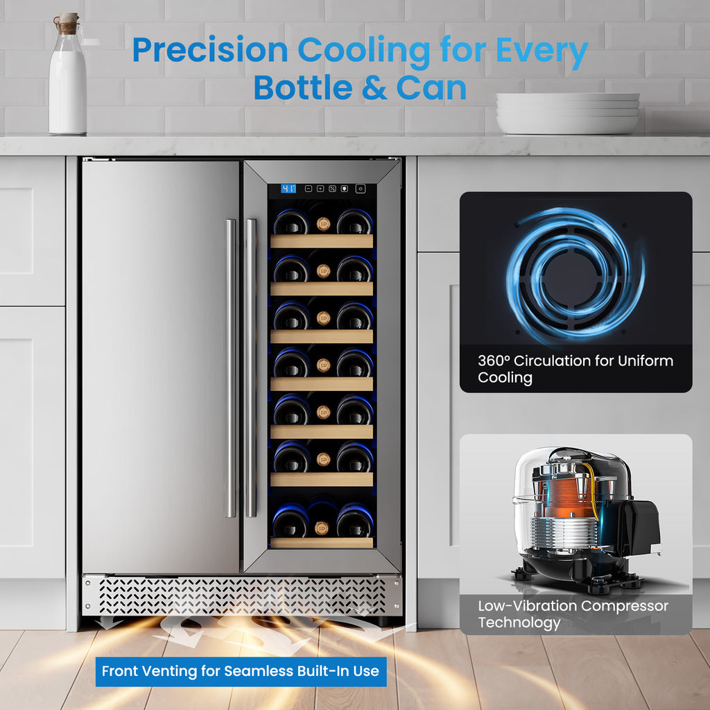 Wine and Beverage Refrigerator, 24’’ Daul Zone Wine Fridge, Freestanding Under Counter Refrigerator, Stainless Steel Beverage Cooler with Adjustable Shelves, Holds 21 Bottles and 88 Cans