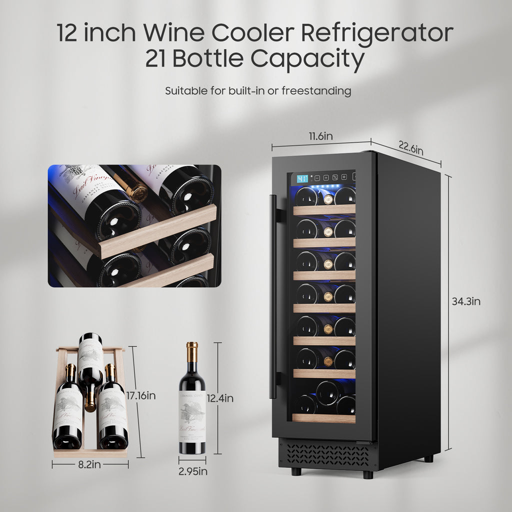 12" Wine Cooler Refrigerator 18 Bottle Wine Fridge Built-in or Freestanding with Double-Layer Tempered Glass Door Compressor quick cooling,Low Noise