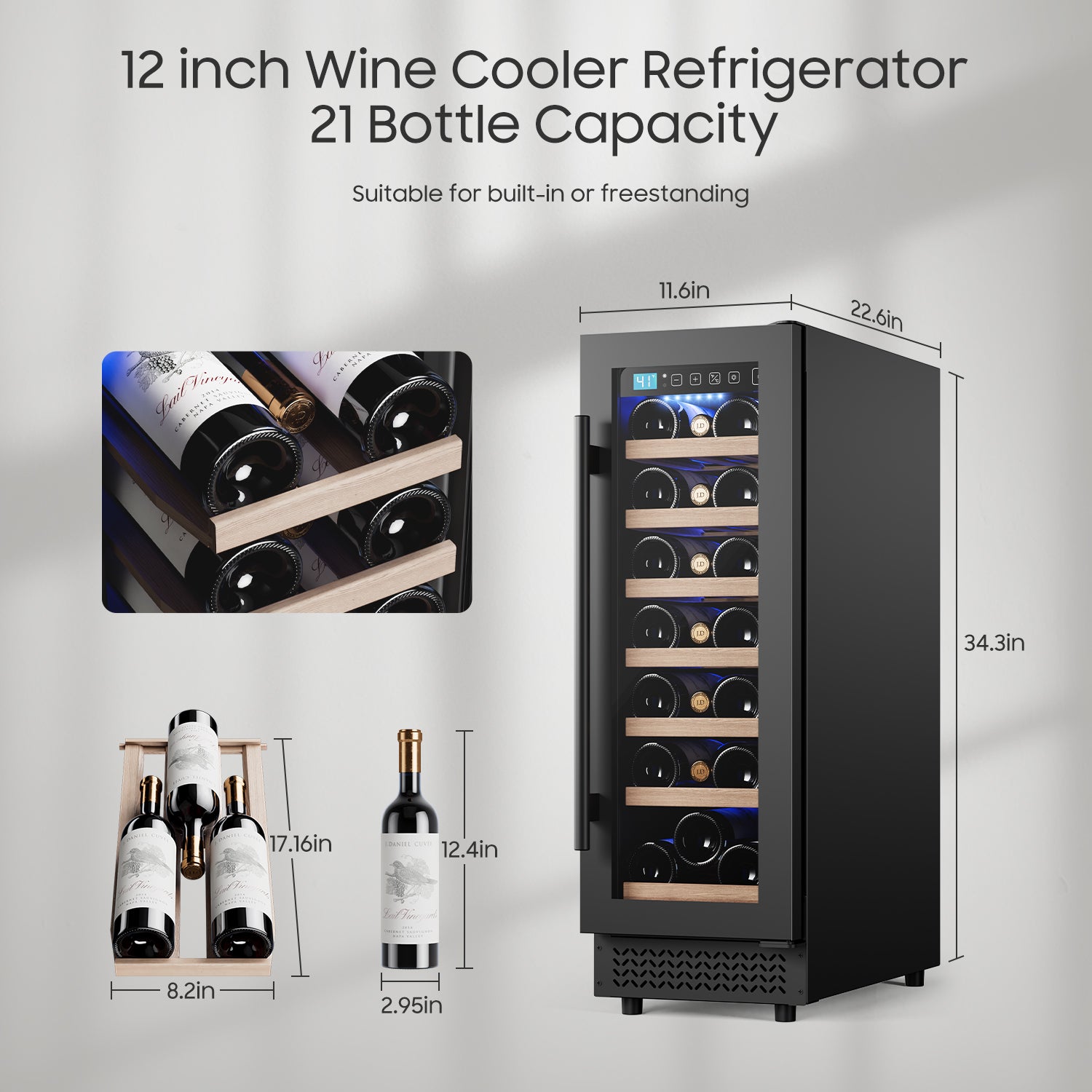 12" Wine Cooler Refrigerator 18 Bottle Wine Fridge Built-in or Freestanding with Double-Layer Tempered Glass Door Compressor quick cooling,Low Noise