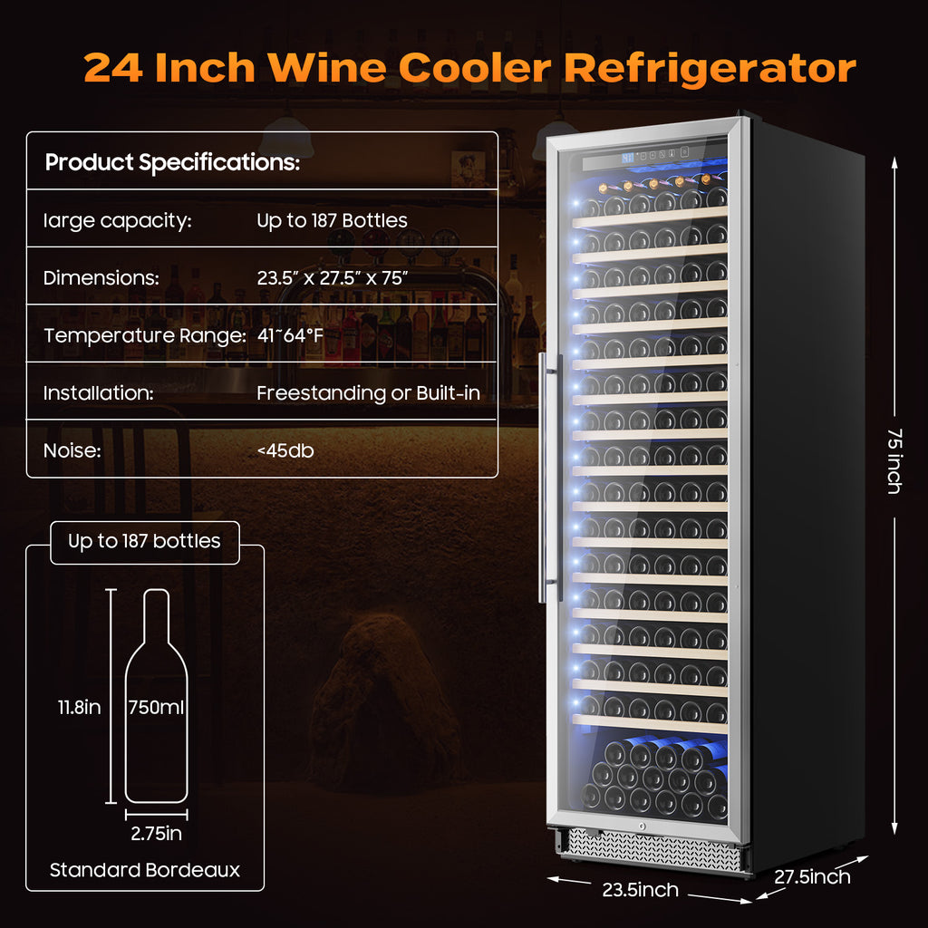 24 Inch Wine Fridge, 187-Bottle Large Capacity Wine Cooler Refrigerator, Freestanding or Built-in Tall Wine Cooler with Upgraded Compressor, Low Noise For Home