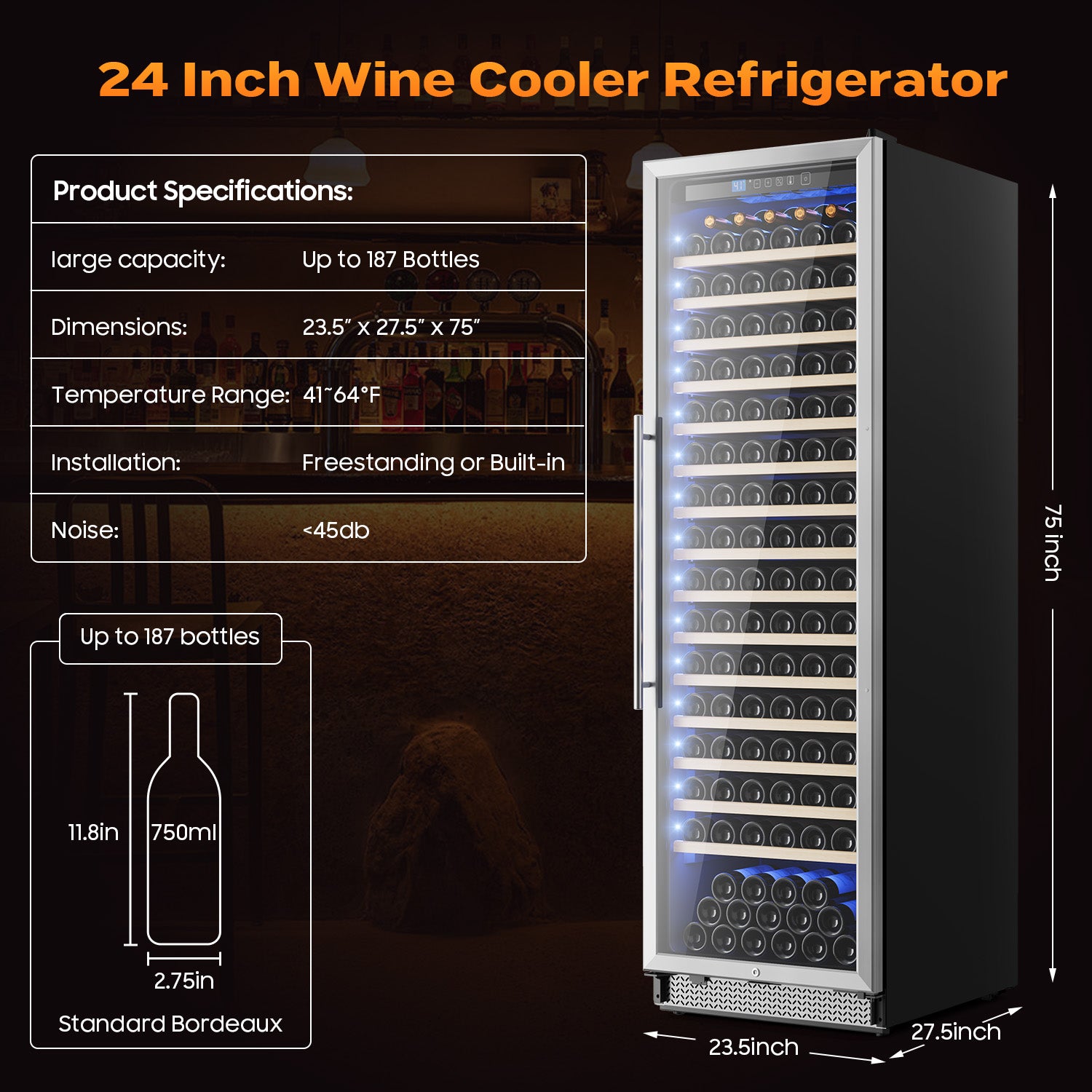 24 Inch Wine Fridge, 187-Bottle Large Capacity Wine Cooler Refrigerator, Freestanding or Built-in Tall Wine Cooler with Upgraded Compressor, Low Noise For Home