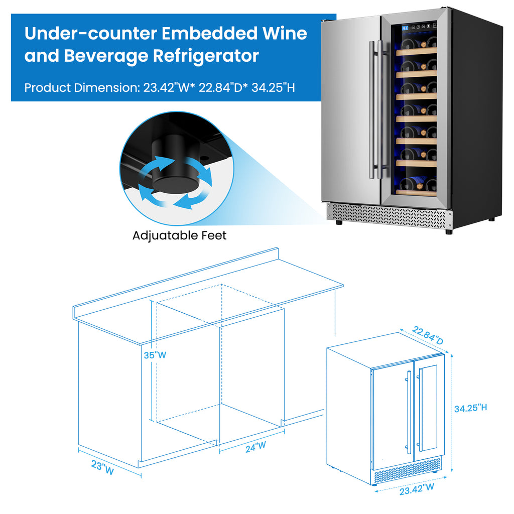 Wine and Beverage Refrigerator, 24’’ Daul Zone Wine Fridge, Freestanding Under Counter Refrigerator, Stainless Steel Beverage Cooler with Adjustable Shelves, Holds 21 Bottles and 88 Cans