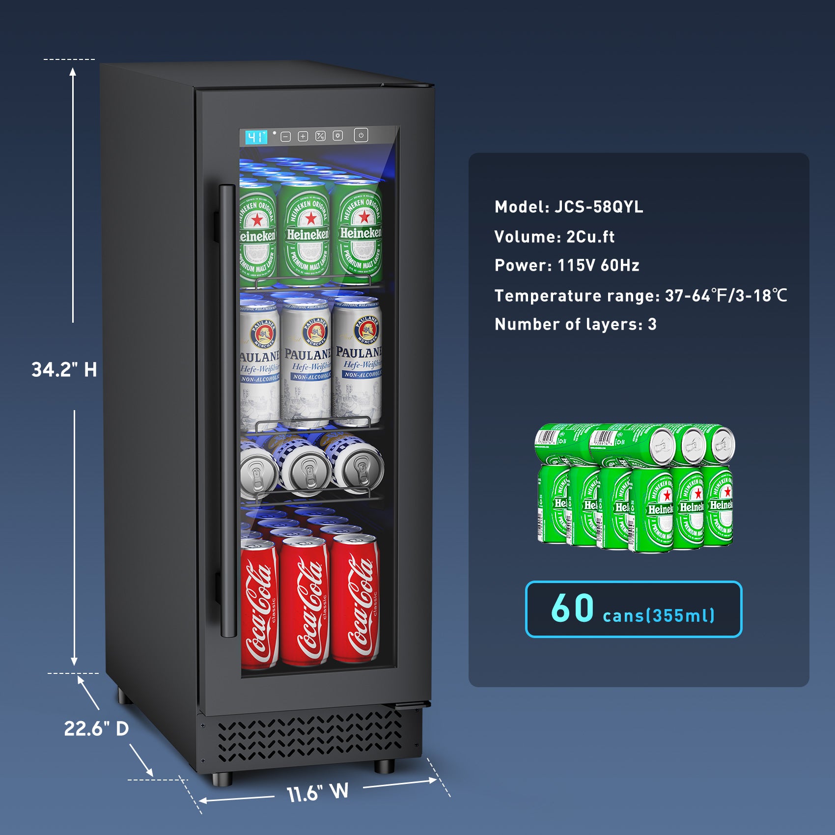 56 Can Beverage Refrigerator Cooler for Cubicle under Desk/Counter Office Camping, 2 Cu.Ft Mini Fridge Beverage Cooler with Glass Door for Water Juices Cola Bottles